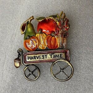 KC Harvest Time Wagon Brooch Enameled Pumpkin Fall Thanksgiving Pin Acorn Charm
